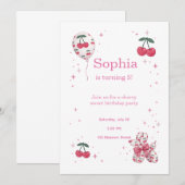 Cherry Balloon Birthday Invitation Coquette Pink 招待状 (正面/裏面)