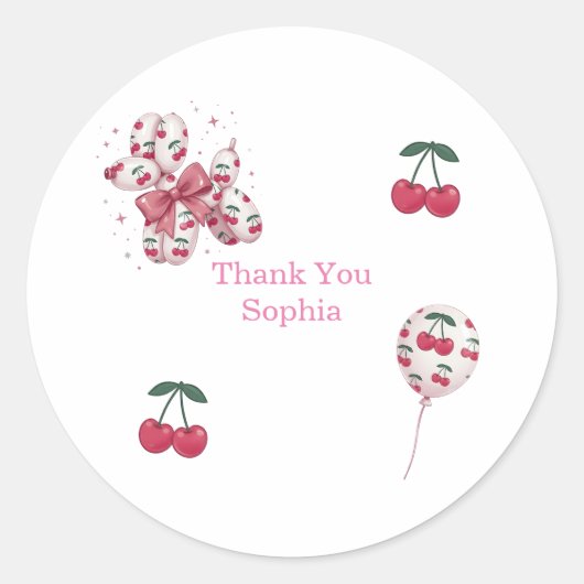 Cherry Balloon Dog Birthday Thank You Sticker ラウンドシール (正面)