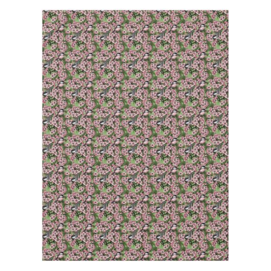 Cherry blossom and chickadees on green テーブルクロス (正面)