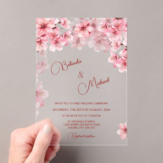  Cherry Blossom Clear Wedding アクリル招待状 (インサイチュ (ポータブル))
