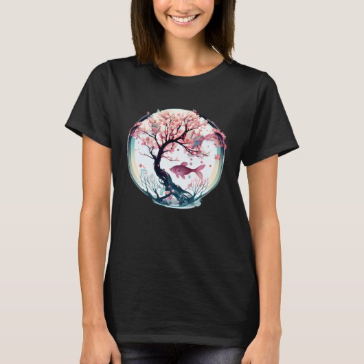 Cherry blossom coral tree with fish swimming in gl tシャツ (正面)