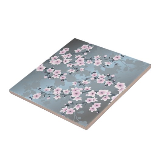 Cherry Blossom Dusky Pink Slate Blue Floral タイル (側面)