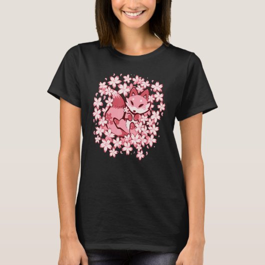 Cherry Blossom Fox Cute Pink Fox Tシャツ (正面)