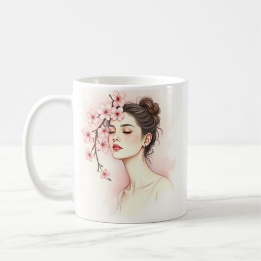 Cherry Blossom Girl – Watercolor Floral コーヒーマグカップ (左)