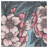 Cherry blossom in pink and blue ファブリック (クローズアップ)