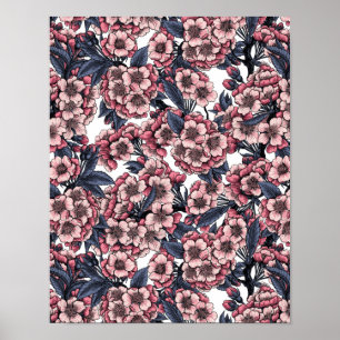 Cherry blossom in pink and blue ポスター