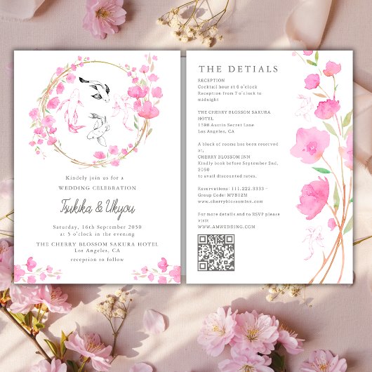 Cherry Blossom Koi Fish QR Code All In One Wedding 招待状