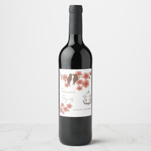 Cherry Blossom Lovebirds Wedding Wine Bottle Label ワインラベル (正面)