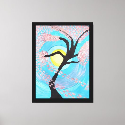 Cherry Blossom Moon Hand Painted Acrylic Canvas Ar キャンバスプリント (正面)