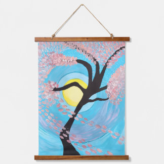 Cherry Blossom Moon Hand Painted Wall Tapestry Art 吊り下げ型タペストリー