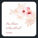 Cherry Blossom Pink White Wedding スクエアシール<br><div class="desc">Pretty pink watercolor cherry blossoms and a rose gold/ copper line art cherry blossom branch on a white background. Custom bride and groom names in an elegant handwritten script.</div>