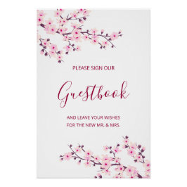 Cherry Blossom Pink White Wedding Guestbook ポスター
