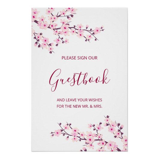 Cherry Blossom Pink White Wedding Guestbook  ポスター (正面)
