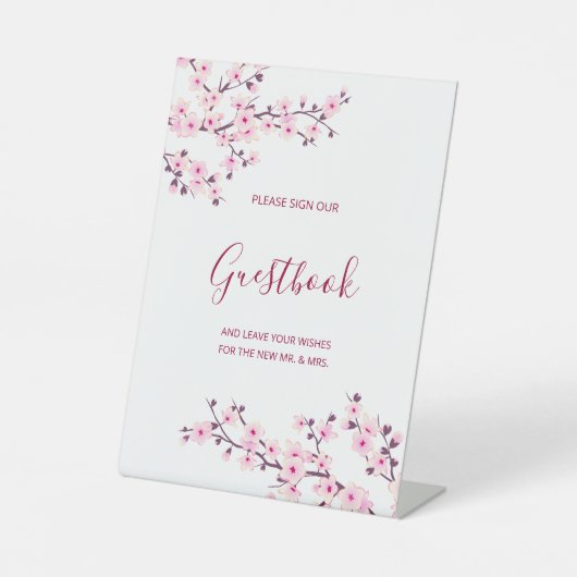 Cherry Blossom Pink White Wedding Guestbook 台座サイン (正面)
