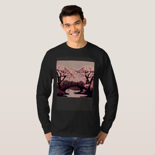 Cherry Blossom River and Bridge Artwork Stunning G Tシャツ (正面フル)