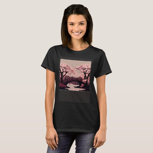 Cherry Blossom River and Bridge Artwork Stunning G Tシャツ (正面フル)