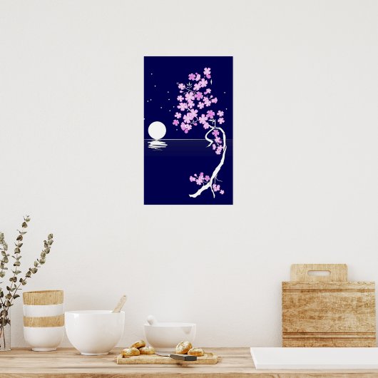 Cherry blossom (Sakura) at night Print ポスター (キッチン)