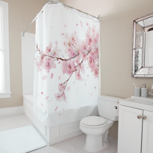 Cherry Blossom Sakura Pink White Pastel Floral シャワーカーテン (インサイチュ)