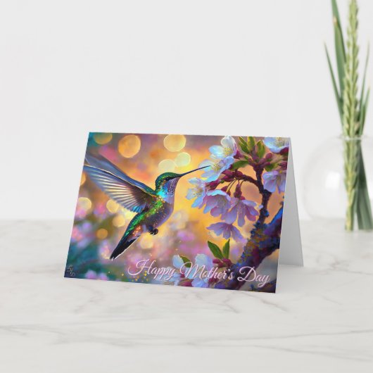 Cherry Blossom Sunrise Mother's Day Hummingbird カード (正面)
