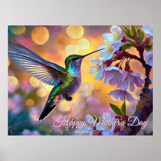 Cherry Blossom Sunrise Mother's Day Hummingbird ポスター (正面)