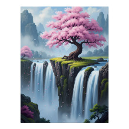 Cherry Blossom Tree Above Waterfalls ポスター