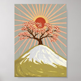 Cherry Blossom Tree Mountain Sunrise Japanese  ポスター