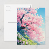 Cherry Blossom Tree on Sunny Green Hillside ポストカード (正面/裏面)