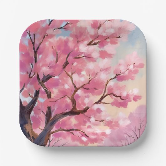 Cherry Blossom Trees Pink Floral Painting ペーパープレート (正面)