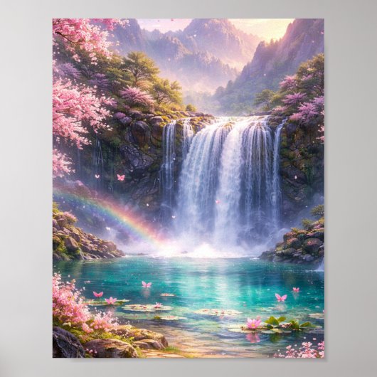 Cherry Blossom Waterfall Aesthetic Poster ポスター (正面)