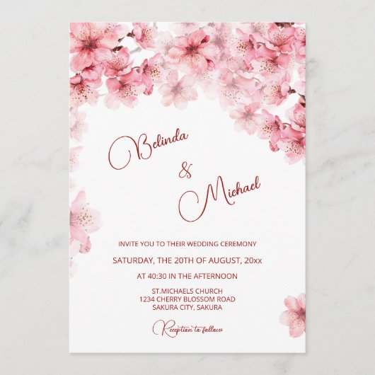  Cherry Blossom White  Wedding 招待状 (正面)