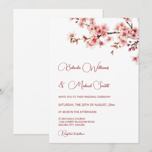  Cherry Blossom White  Wedding 招待状 (正面/裏面)