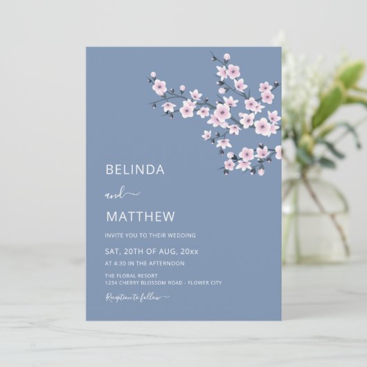 Cherry Blossoms Dusty Pink Blue Wedding 招待状 (スタンド正面)