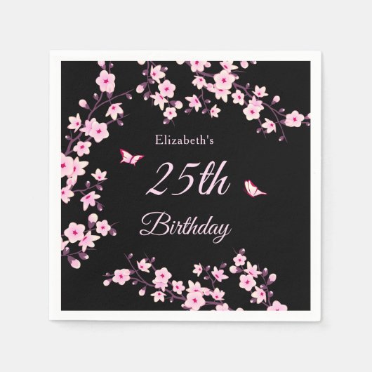 Cherry Blossoms Pink Black Custom スタンダードカクテルナプキン (正面)