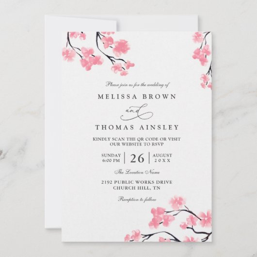 Cherry Blossoms Pink Elegant Chic QR Code Wedding 招待状 (正面)