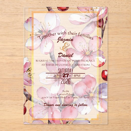 Cherry Blossoms Pink Lavender Watercolor Clear Box アクリル招待状 (正面)