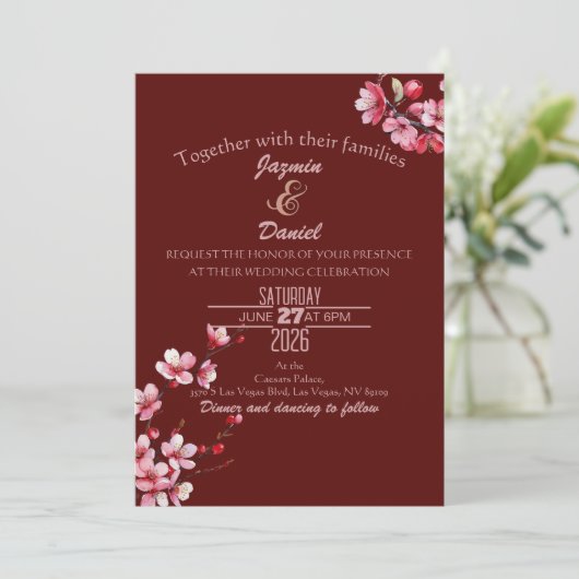 Cherry Blossoms Pink Maroon  Invitation 招待状 (スタンド正面)