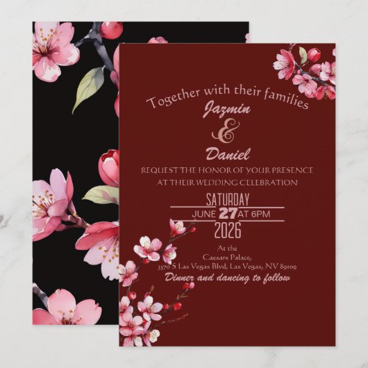 Cherry Blossoms Pink Maroon Invitation 招待状 (正面/裏面)