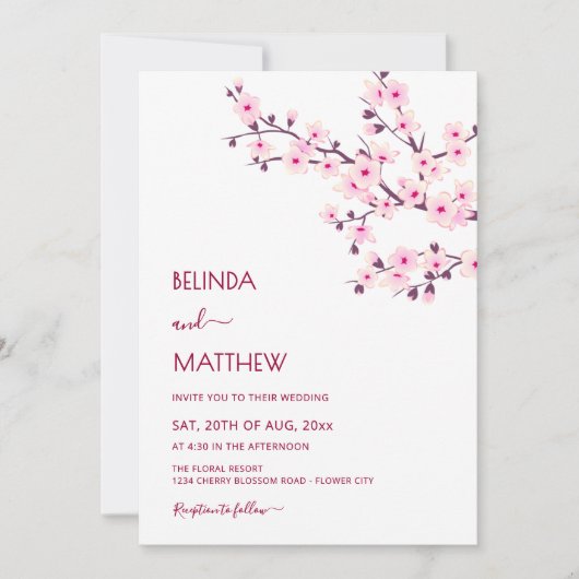 Cherry Blossoms Pink White Casual Wedding 招待状 (正面)