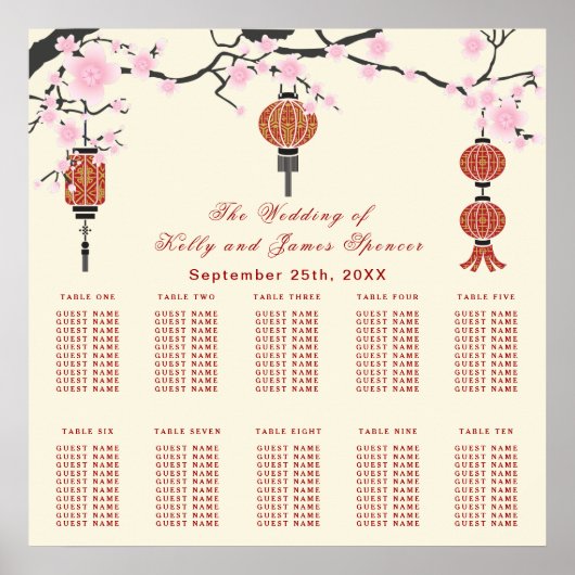 Cherry  Blossoms & Red Lanterns | Seating Chart ポスター (正面)