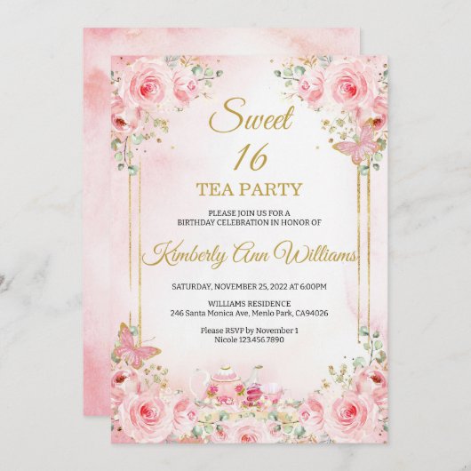  Cherry Blossoms Rose Gold Butterflies Sweet 16  招待状 (正面/裏面)