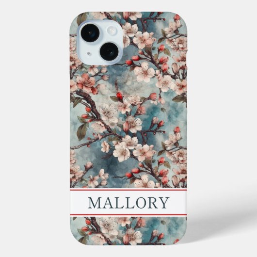 Cherry Blossoms Teal Sakura Print Monogrammed Case-Mate iPhoneケース (裏面)