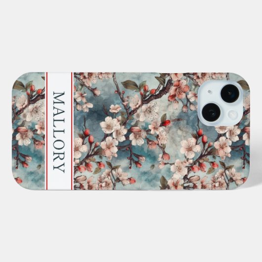 Cherry Blossoms Teal Sakura Print Monogrammed Case-Mate iPhoneケース (裏面 (横))