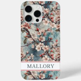 Cherry Blossoms Teal Sakura Print Monogrammed iPhone 15 Pro Maxケース