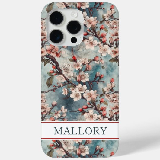 Cherry Blossoms Teal Sakura Print Monogrammed Case-Mate iPhoneケース (裏面)