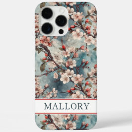 Cherry Blossoms Teal Sakura Print Monogrammed iPhone 16 Pro Maxケース
