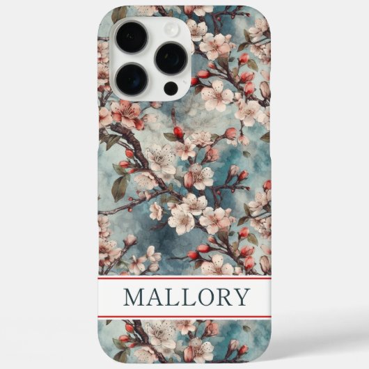 Cherry Blossoms Teal Sakura Print Monogrammed Case-Mate iPhoneケース (裏面)