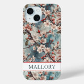Cherry Blossoms Teal Sakura Print Monogrammed Case-Mate iPhoneケース (裏面)