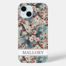 Cherry Blossoms Teal Sakura Print Monogrammed iPhone 15ケース