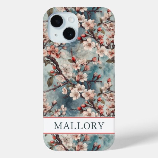 Cherry Blossoms Teal Sakura Print Monogrammed Case-Mate iPhoneケース (裏面)