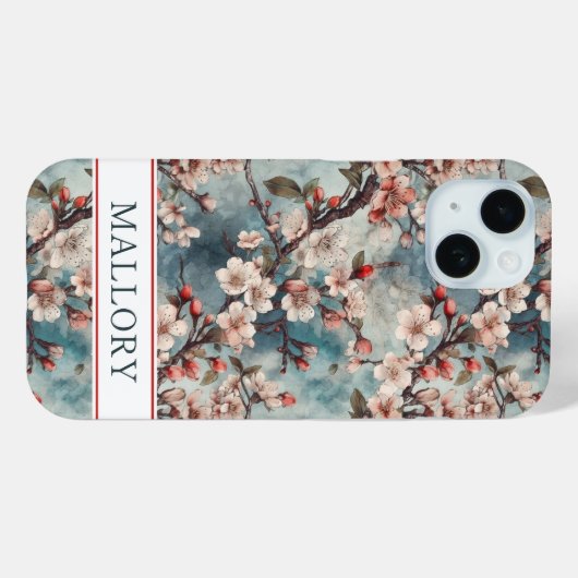 Cherry Blossoms Teal Sakura Print Monogrammed Case-Mate iPhoneケース (裏面 (横))